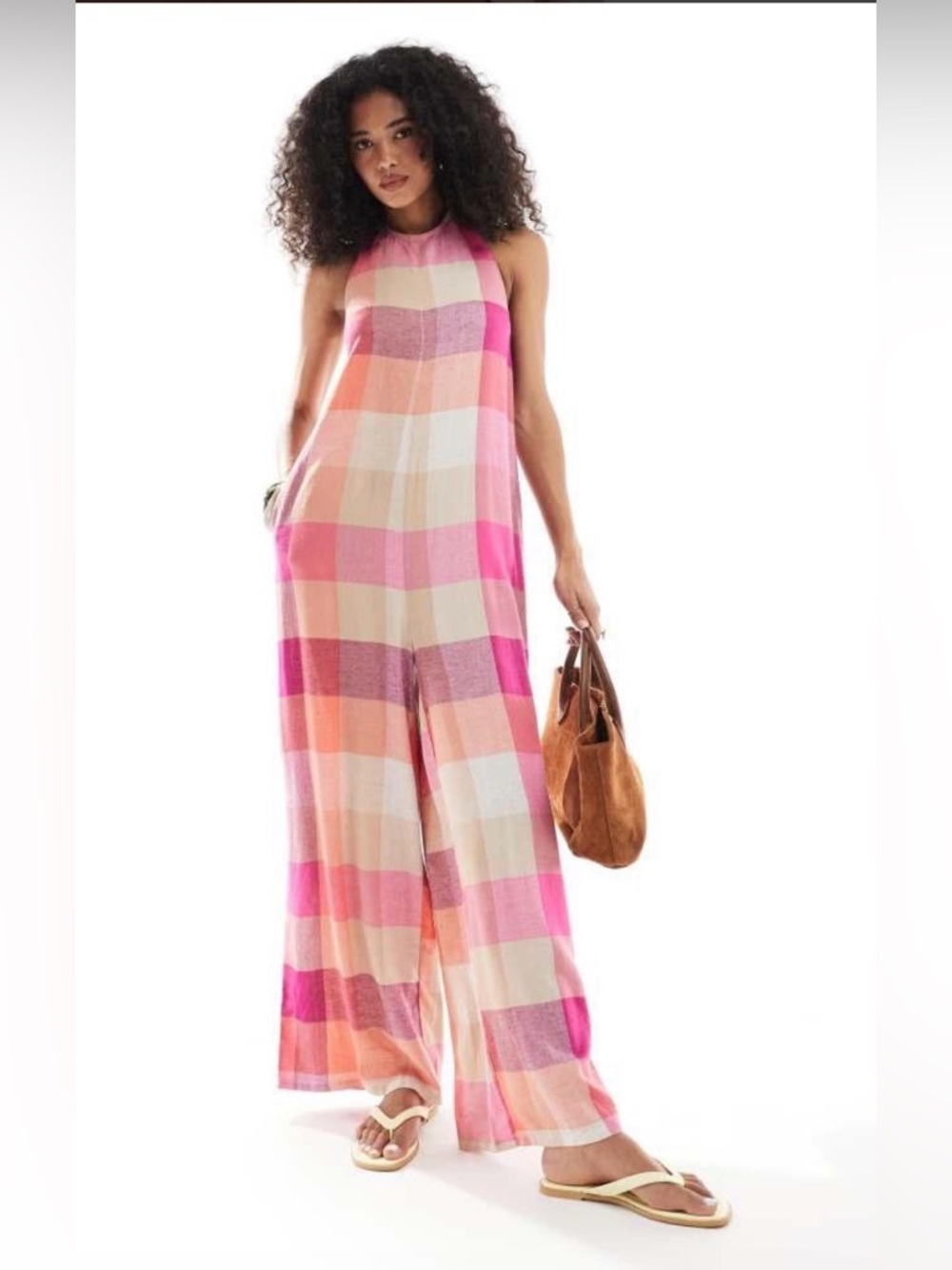 Pink Plaid linen halter picnic casual jumpsuit